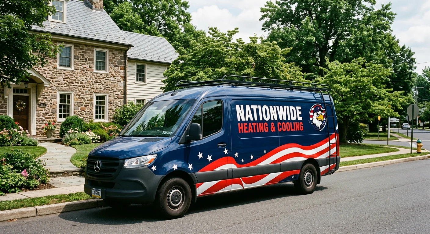 Nationwide Heating & Cooling Mercedes Sprinter service van in a full red, white and blue wrap with the round Liberty eagle logo
